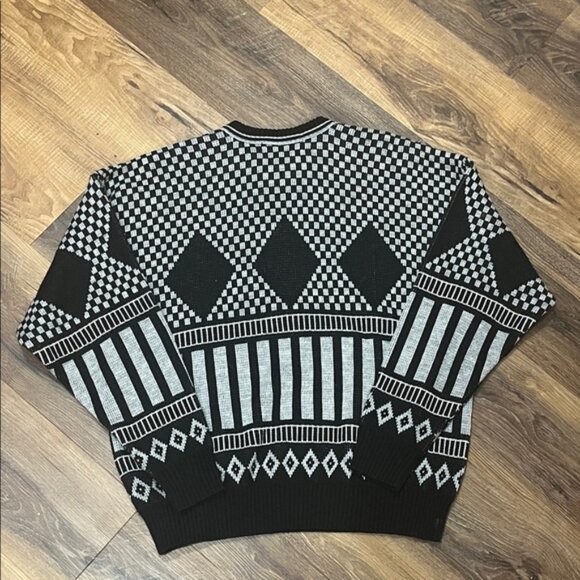 Georgio Romani Black Knit Pullover Sweater Geo Retro Pleather Details Men Large - Picture 5 of 8